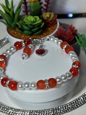 Red & White Pearl And Crystal Aurora Bead Charm Bracelet & Gemston Heart Charm